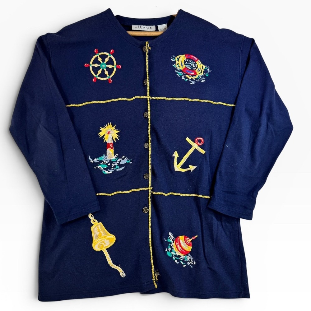 Chaus Sport Womens Navy Blue Nautical Embroidered Cotton Cardigan Sweater L - Picture 2 of 9